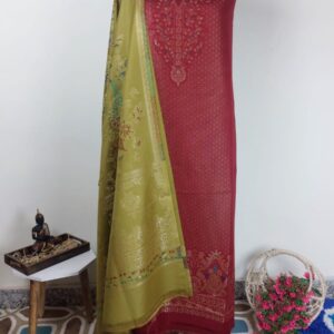 Maroon and green warm winter all over weaving 3 piece suit set.